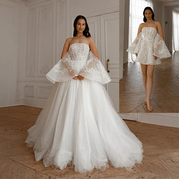 Abito da sposa personalizzato in due pezzi che mostra maniche a farfalla in pizzo e abiti da sposa glitter abbaglianti abiti da sera