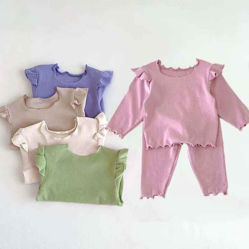 

Newborn Baby Girls Clothing Sets Fly Sleeve T-shirt+Pants 2Pcs Suits Toddler Casual Home Clothes Solid Infant Cotton Outfits