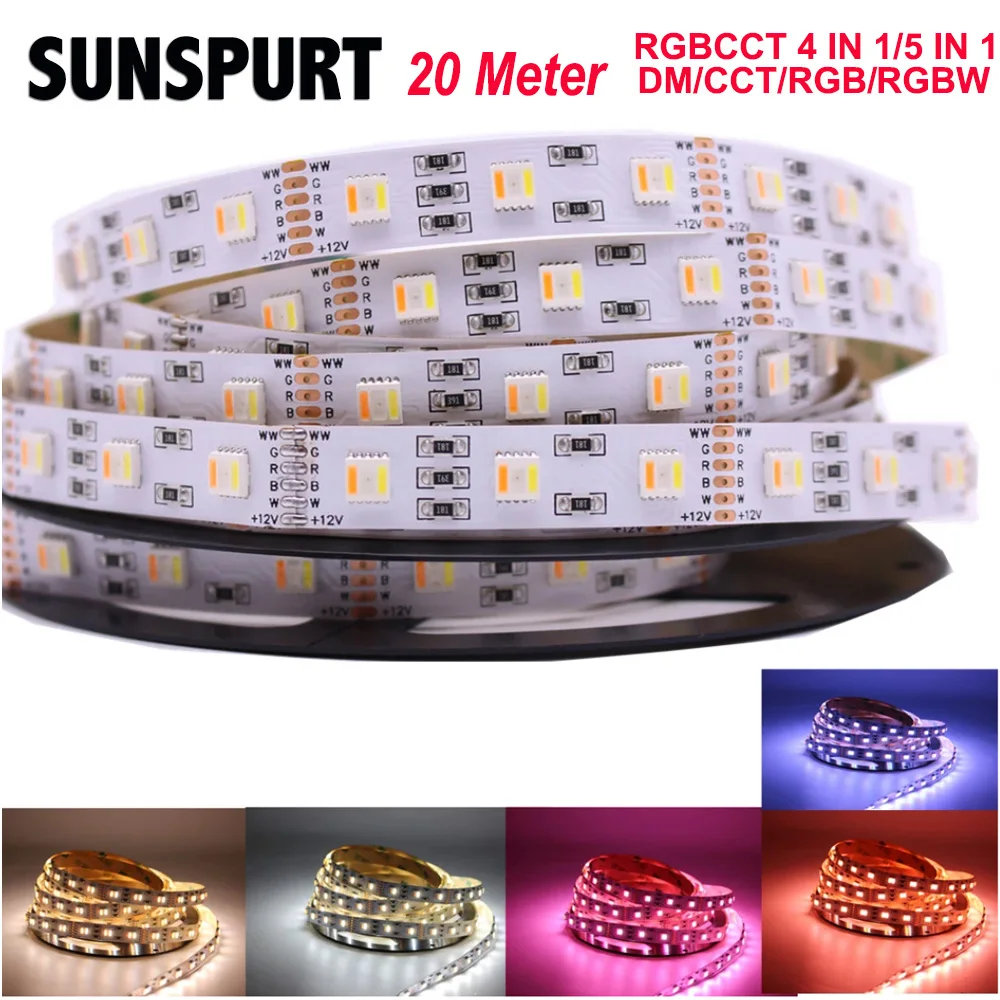 

20M10-12MM PCB RGB CCT LED Strip 5050 DC12V Flexible Light RGB+White+Warm White 5 color in 1 LED Chip 60 LED/m 5m/lot waterproof