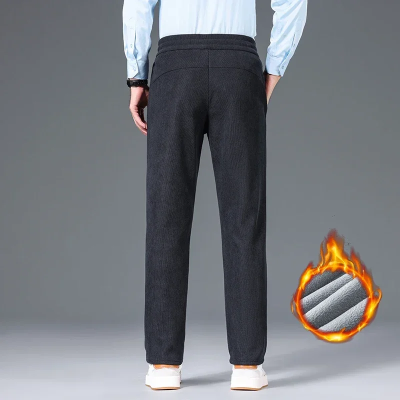 Thick Corduroy Pants Men Winter New Warm Fleece Elastic Waist Classic Business Jogging Straight Casual Plush Trousers Male 4