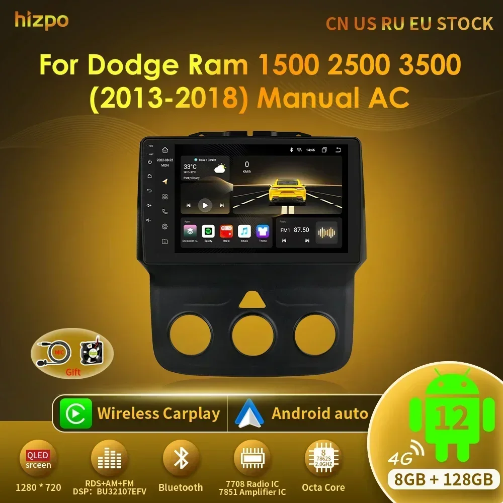 Hizpo 9 Pollici Autoradio Android Per Dodge Ram 1500 2500 3500 (2013-2018) Manuale Ac Stereo Head Unit Navigazione Carplay Touchscreen