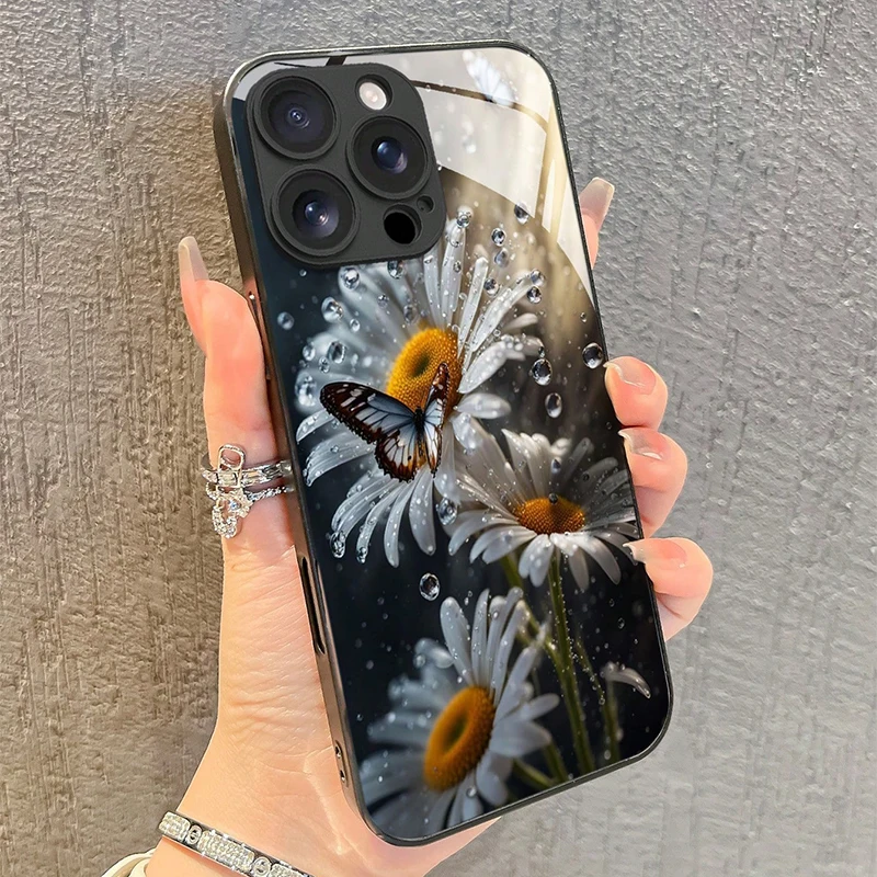 White Daisy Flower Butterfly Pattern Tempered Glass Phone Case For