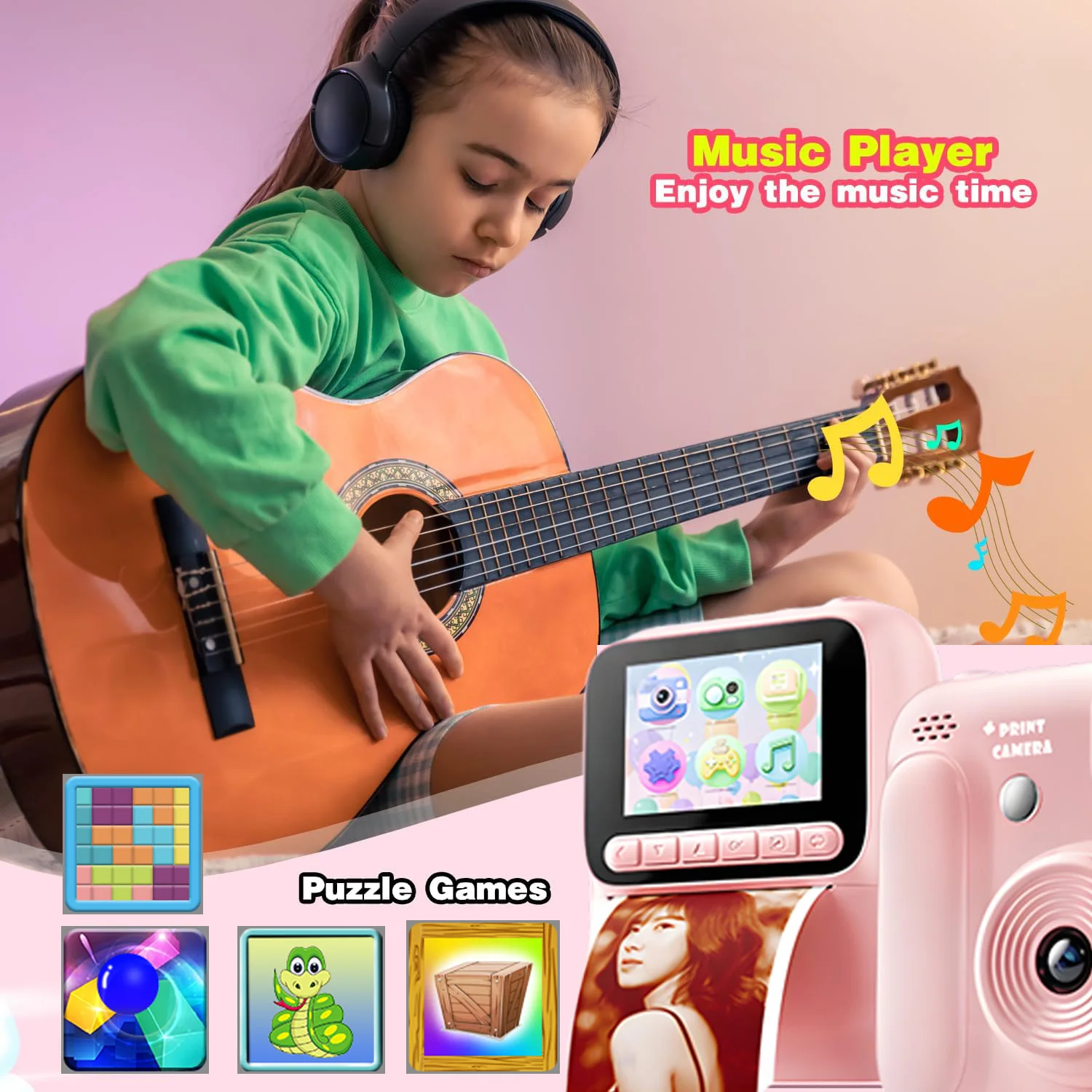 New Kids Instant Printing Camera 5 Color Print Camera 1080P 2.4inch Display Camera Print Photo Music Boys Girls Gift