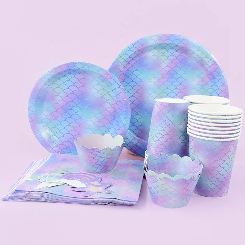 

Одноразовая посуда Русалочки, набор бумажных тарелок с маленькой русалочкой, салфетка для чашек, украшение для дня рождения для маленьких девочек