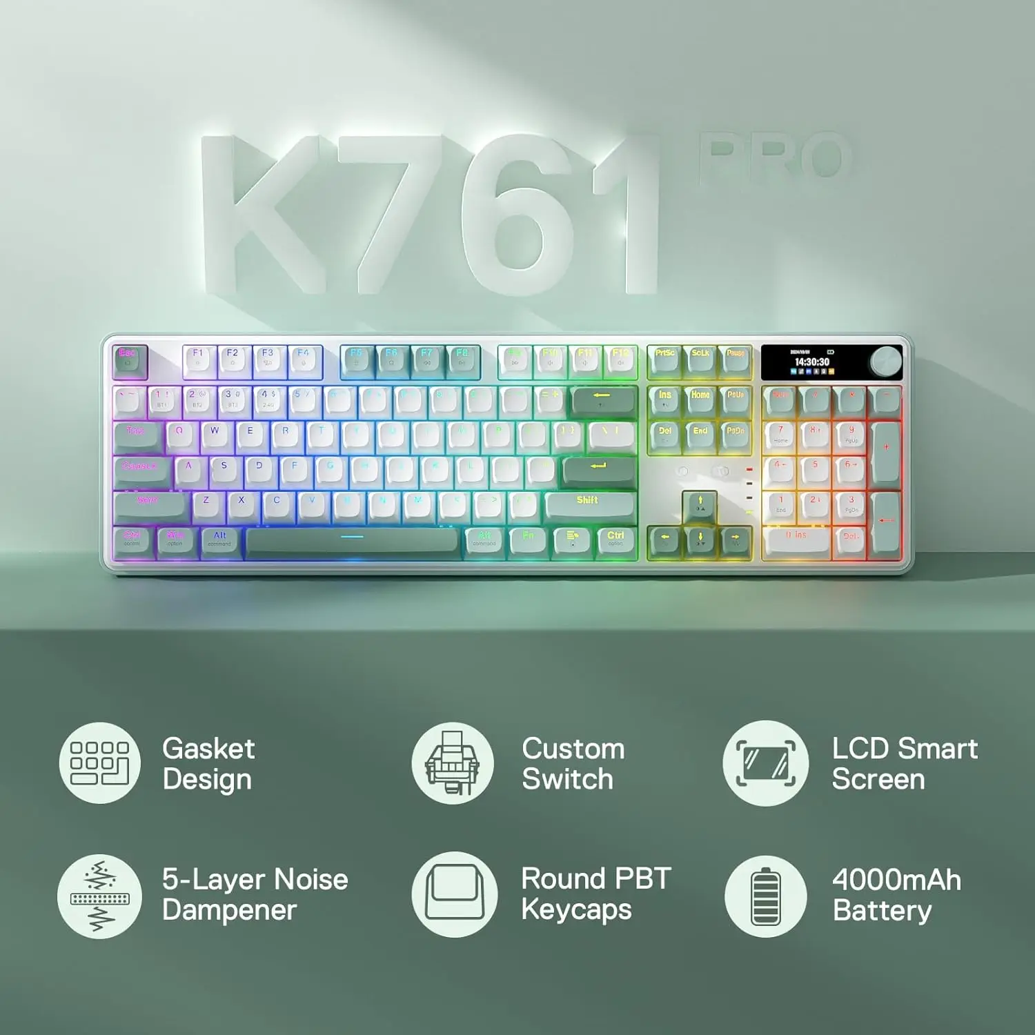 레드래곤 K761 무선 가스켓 게이밍 키보드 (하이프 스크린 & 노브 포함), 104키 기계식 키보드