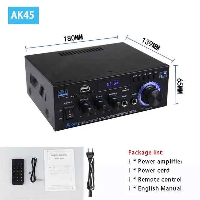 AK45/AK35 800W Home Power Amplifier 2 Channel Bluetooth 5.0 Mini Hifi  Digital Stereo Sound Amplifier Support FM USB SD Mic input