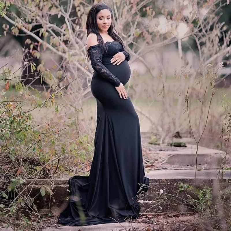 

Maternity Off Shoulder Photography Gown Long Sleeve Fitted Lace Stitching Maxi Dress for Photoshoot Baby Shower Wedding Party