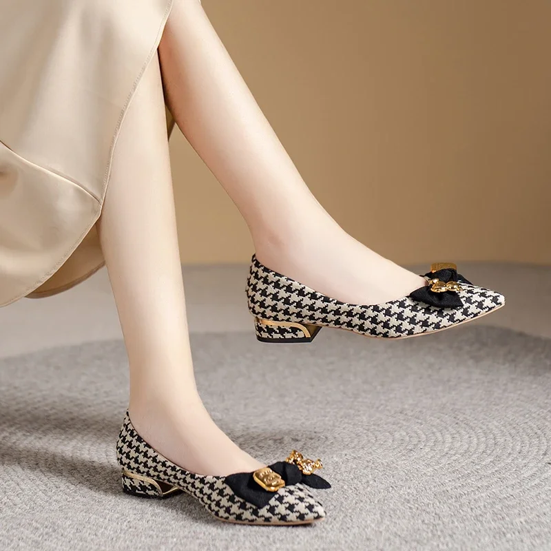 

Shoes for Women 2024 New Slip on Women's Flats Autumn Pointed Toe Mixed Colors Houndstooth Butterfly-knot Shallow Mouth Shoes