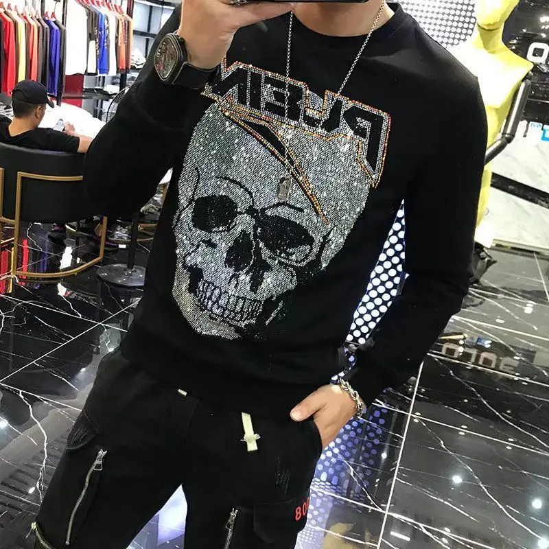 Men's Cotton hoodies Spring and Autumn Distinctive Trendy Brand Skull Hot Diamond Printed Handsome Long-Sleeved Sweatshirts