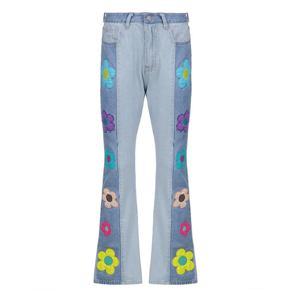 90s Vintage Embroidery Flower Jeans Casual Retro High Waisted Wide Leg Pants Women Denim Flare Trousers Sweet Patchwork