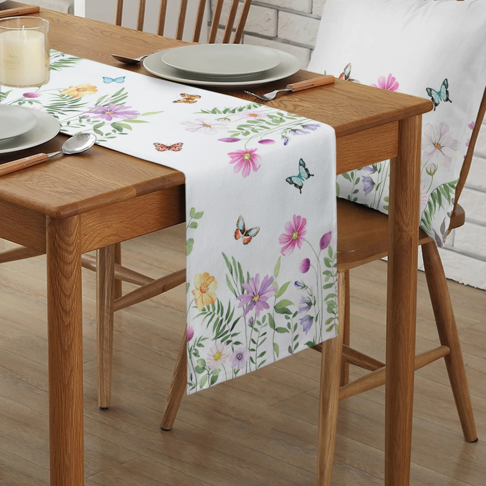 

Spring Flower and Butterfly Table Runner, Luxury Kitchen Dinner Table Cover, Wedding Party Decor, Cotton Linen Tablecloth