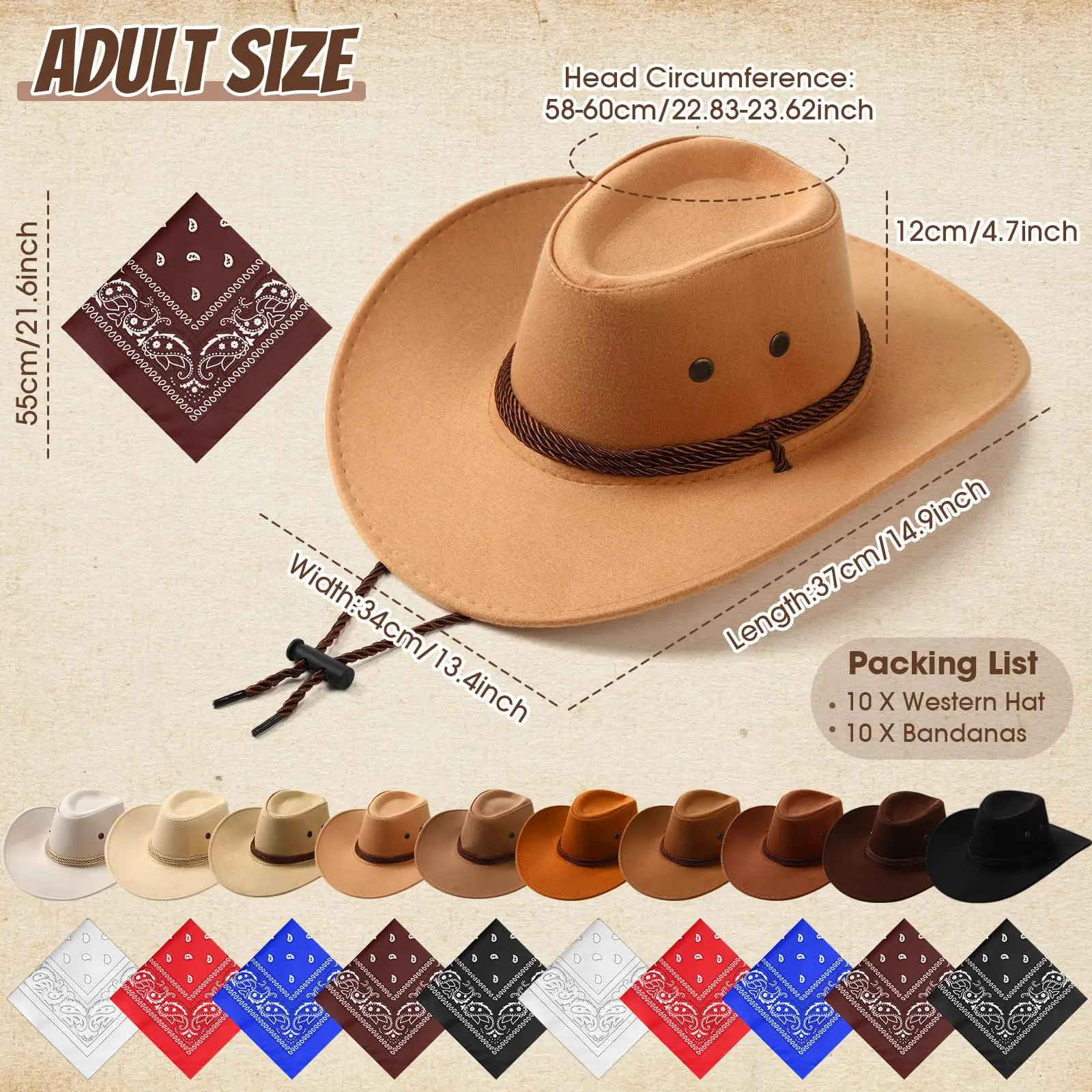 Set Da Cow Boy Da 12 Pezzi: 6 Cappelli Western In Feltro E 6 Bandane Paisley Per Feste A Tema E Halloween