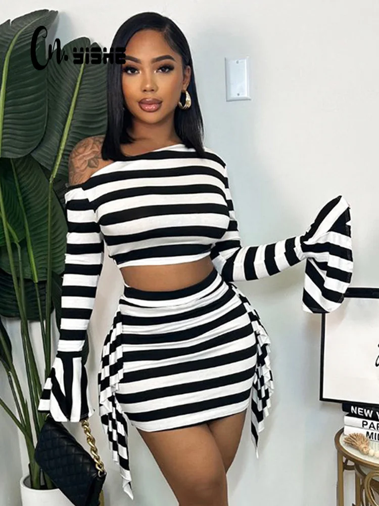 

Cnyishe Fashion Striped Sets Women Outfits Streetwear Skew Collar Long Sleeves Tracksuits Two Pieces (Top+Short) Suits Female