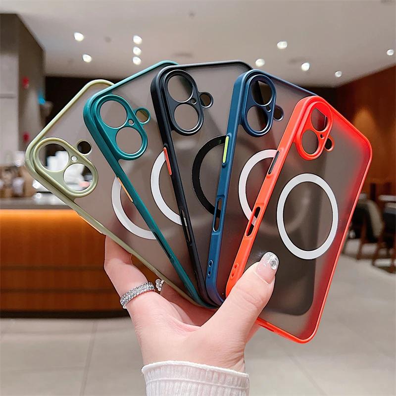 Custodia magnetica opaca di lusso Magsafe per iPhone 11 12 13 14 15 16 Pro Max X XS XR 7 8 Plus con ricarica wireless, trasparente, rigida per PC_voghion.com