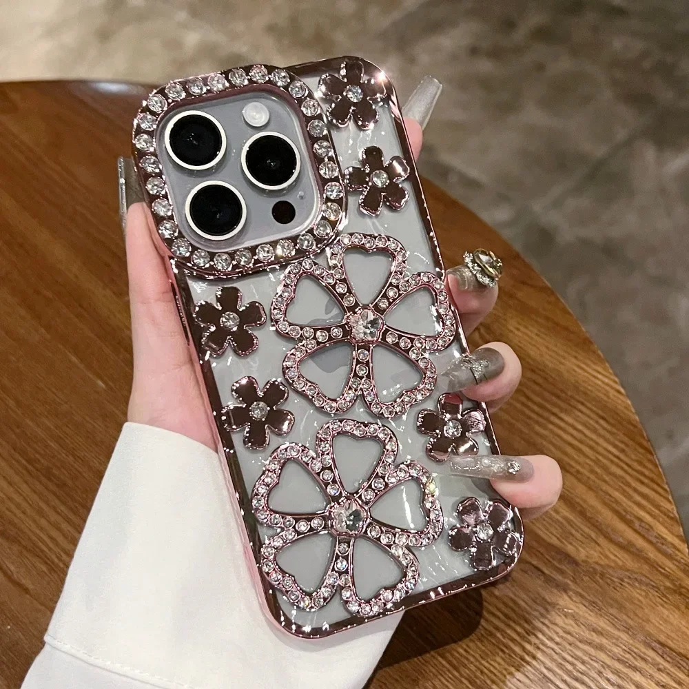 Iphone case Phone case Glitter Diamond Flower Plating Case for iPhone 16 15 14 Pro Max 12 13 11 X Xr Xs 7 8 Plus Bling Rhinestone Soft TPU Clear Cover