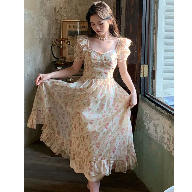 

Vintage Floral Tulip Print Dress Women Square Collar Princess Midi Dress Female Puff Sleeve Korea Elegant Fairy Dress Vestido