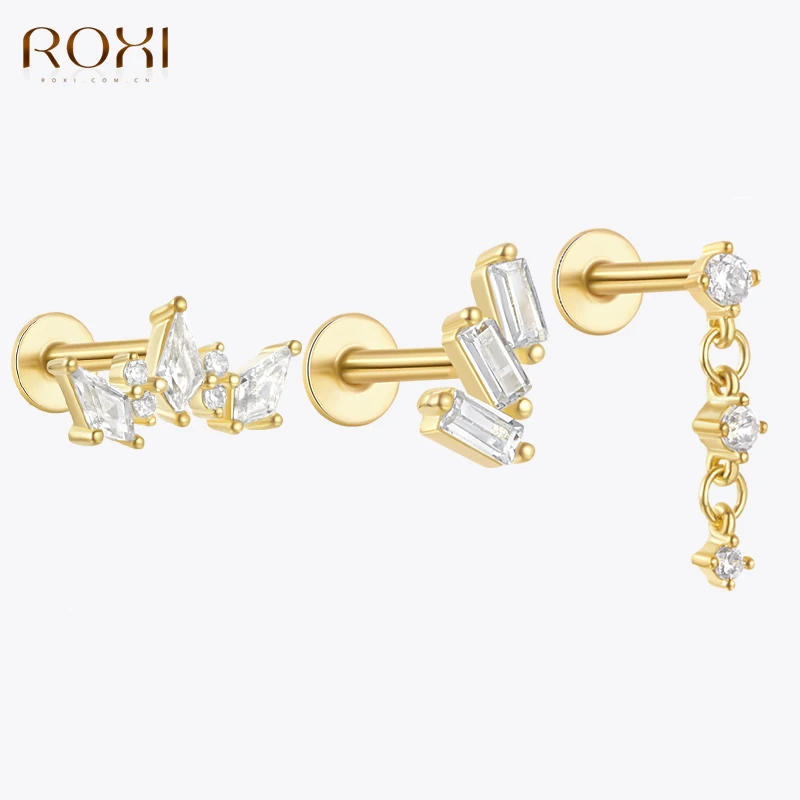 

ROXI 925 Sterling Silver 1PC Simple Single Row Crown Earring Geometric Zircon Piercing Earrings For Women Daily Party Jewelry