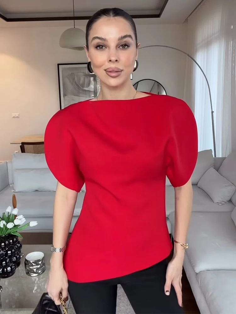 Chic Casual Short Puff Sleeve T-Shirts Women O Neck Short Sleeve Streetwear Tops Fashion 2026 Spring Elegant Tops