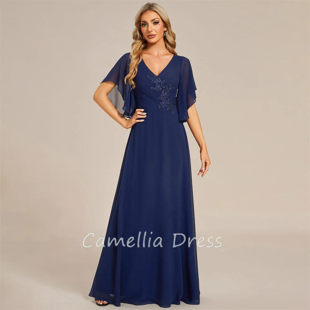 

Stunning V Neck Mother Of The Bride Dress A-Line Half sleeves Applique Chiffon Formal Dresses Vestidos Mae Da Noiva Casamentos