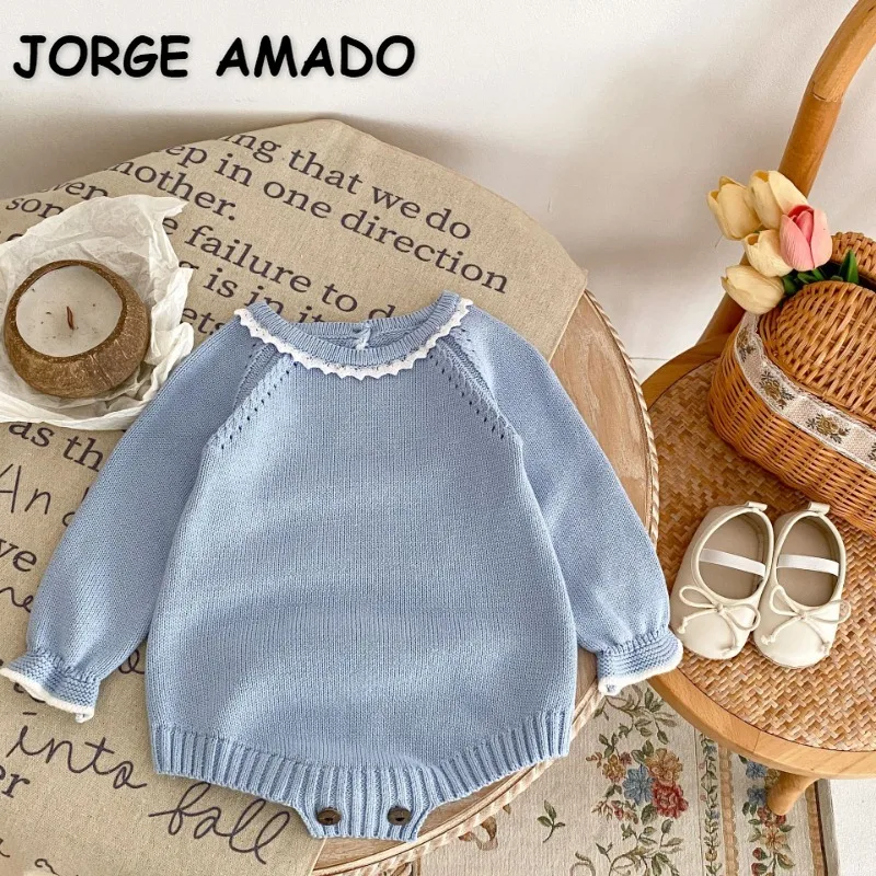 

New Spring Autumn Baby Girl Bodysuit Lace Patchwork Round Collar Raglan Sleeve Knitted Jumpsuit Newborn Crawling Clothes E82379