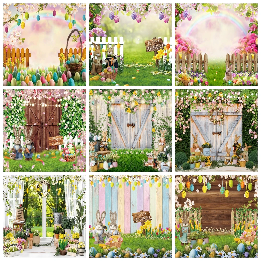 

Spring Scene Easter Photography Background Rabbit Flower Eggs Meadow Bunny Wood Board Easter Baby Portrait Photo Backdrop Studio