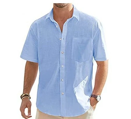 Men Summer European American Fashion Classic Comfortable Breathable Cotton Hemp Solid Color Short Sleeved Shirt