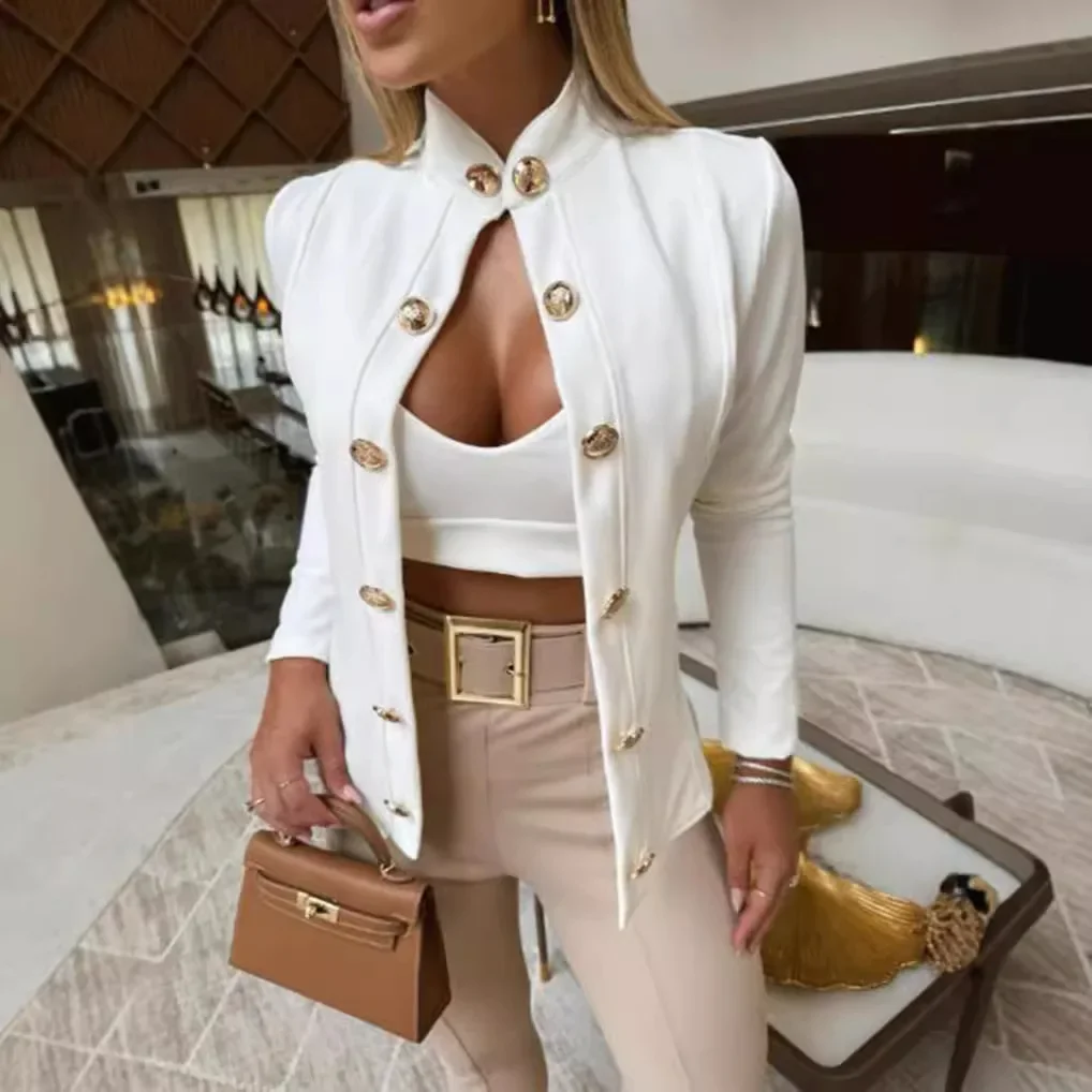 Fashionable Slim Fit Long Sleeve Stand Collar Double Buttoned Women's Jacket New Style Cross-Border Independent Station