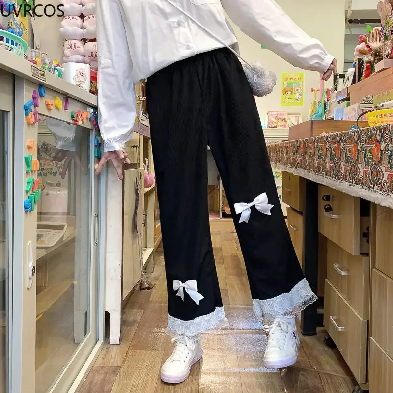 Japanese Lolita Women's Kawaii High Waist Corduroy Pants Sweet Bow Lace Wide Leg Pants Girly Vintage Clothing Loose Cute Trouser