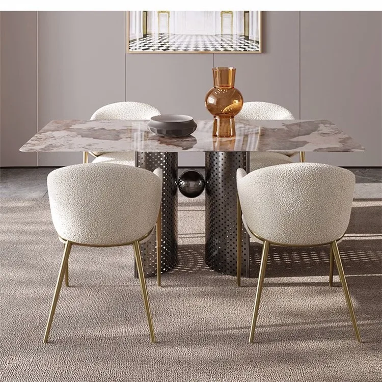 European Style Dinning Room Furniture Cafe Modern Luxury Kitchen Chairs Stainless Steel Boucle Accent Dining Chair With Gold Leg