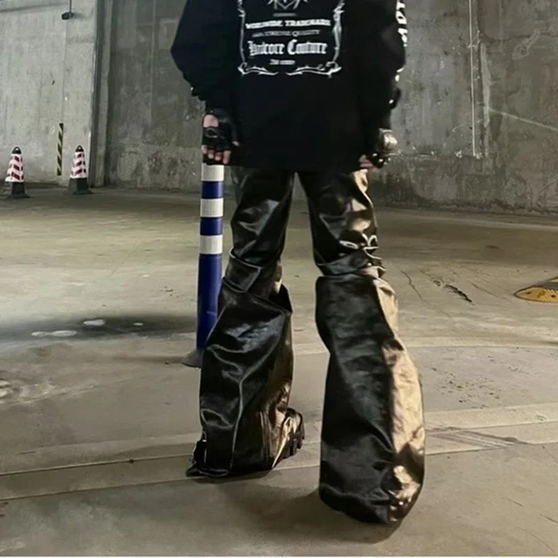 하이 스트리트 와이드 레그 글로시 Pu 가죽 바지 새시 부츠 컷 남성과 여성 스트레이트 헐렁한 캐주얼 청바지 오버 사이즈 플레어 바지