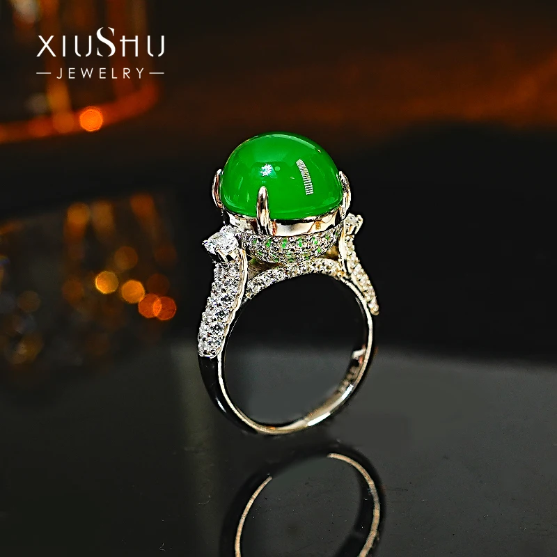 

New Chinese Egg Noodle Ice Green Jade Chalcedony 925 Silver Ring Set with High Carbon Diamonds To Match Jade Fashion