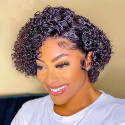 Short Curly Pixie Cut Lace Front Remy Brazilian Human Hair For Women Kinky Curly 13*1 Lace Side Part Real Hair Black Color