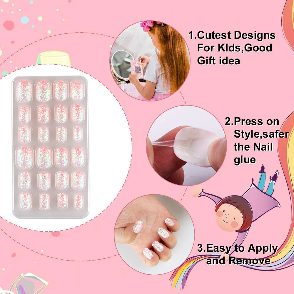 Glitter Press On Nails For Kids Diy Manicure Set False Nails_voghion.com