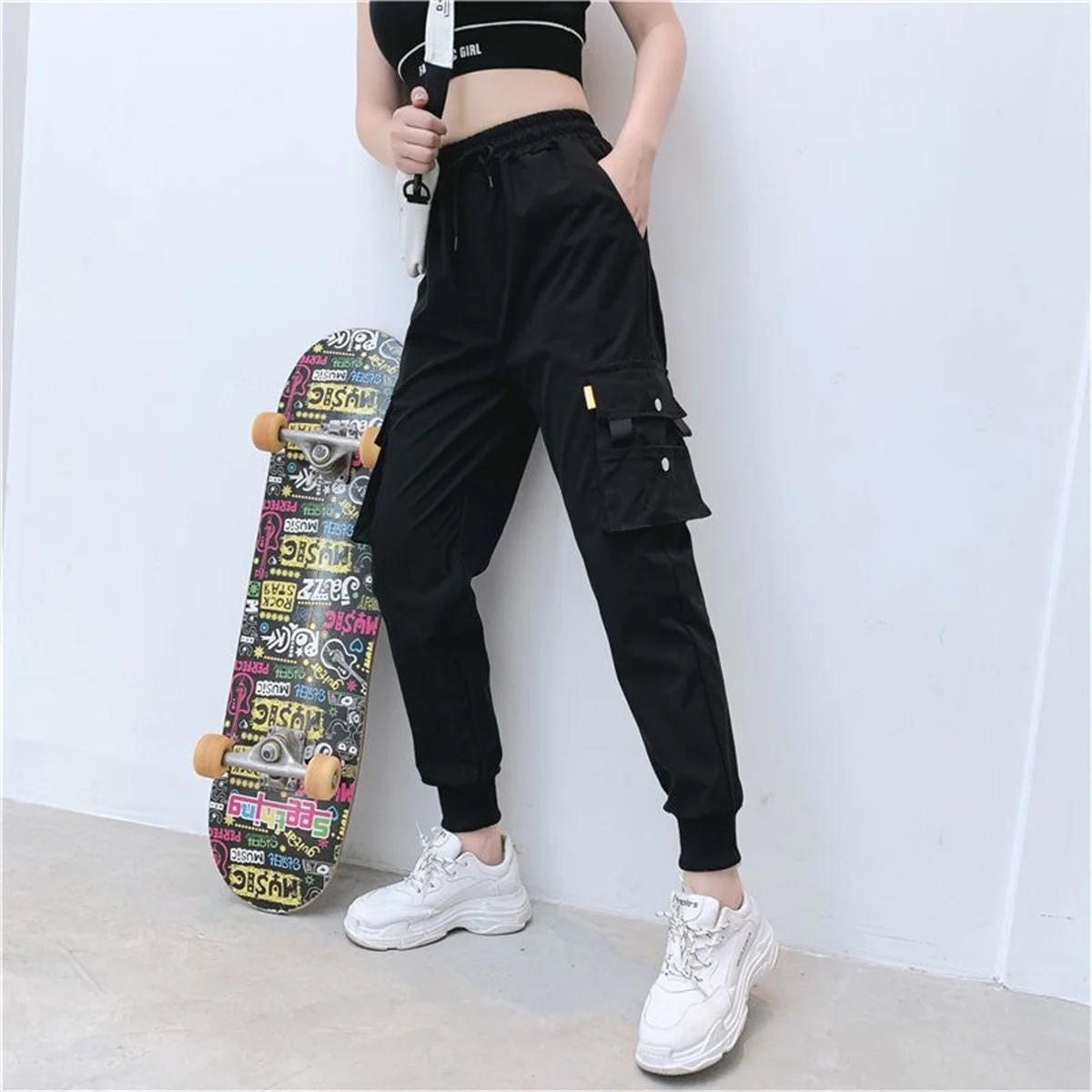 Black Cargo Pants Women Casual Joggers High Waist Loose Female Hip Hop Trousers Korean Punk Pants Funny Capri Streetwear Femme