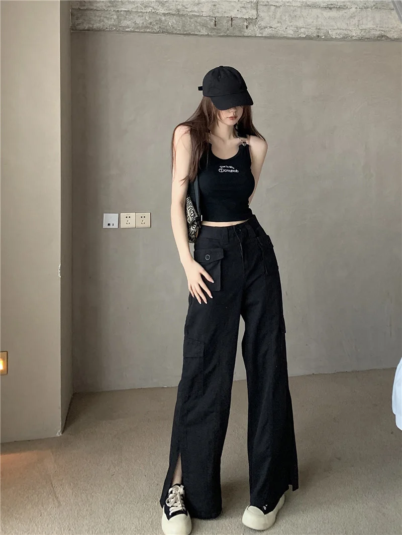 Black Higt Waist Wide Leg Pants Letter Suspender Tank Top For Women Summer HSleeveless Sexy Slim Top Suite Pants