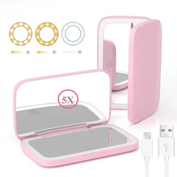 Rechargeable Square Makeup Mirror with Led Lights 1x/5x Magnification Mirror Compact Vanity Mirrors Make Up Tools Gifts for Girl