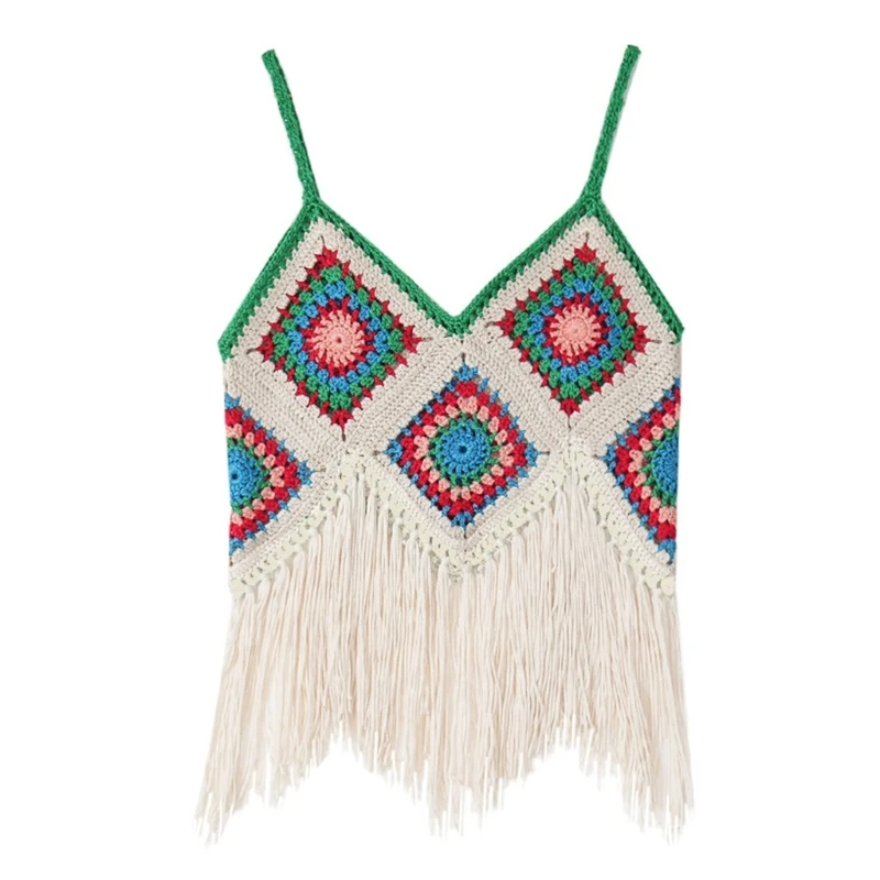 

Women Ethnic Camisole Boho Crochet Contrast Colored Diamond Plaid Crop Top Fringe Tassels Hem Knitted Hippie