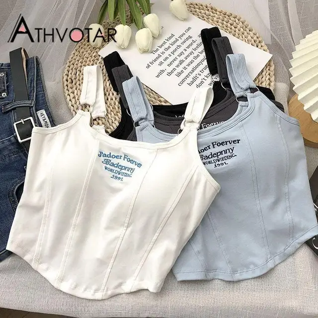 ATHVOTAR Crop Top Women Summer Y2K Sleeveless White Tank Letters Vest with Chest Pad Sexy Streetwear Basic Camisole Female Top