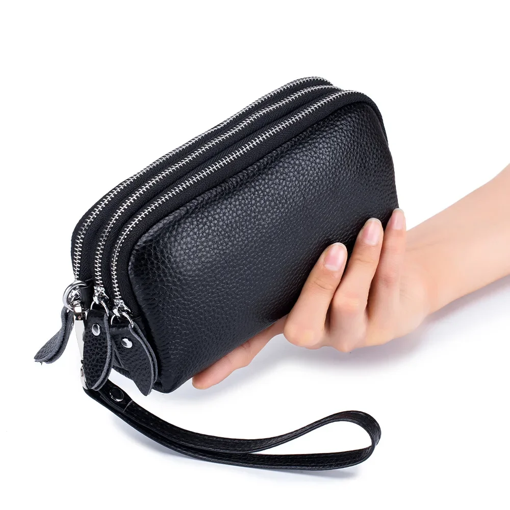 Women Long Wallet Genuine Leather 3-Layer Zipper Purse Bag