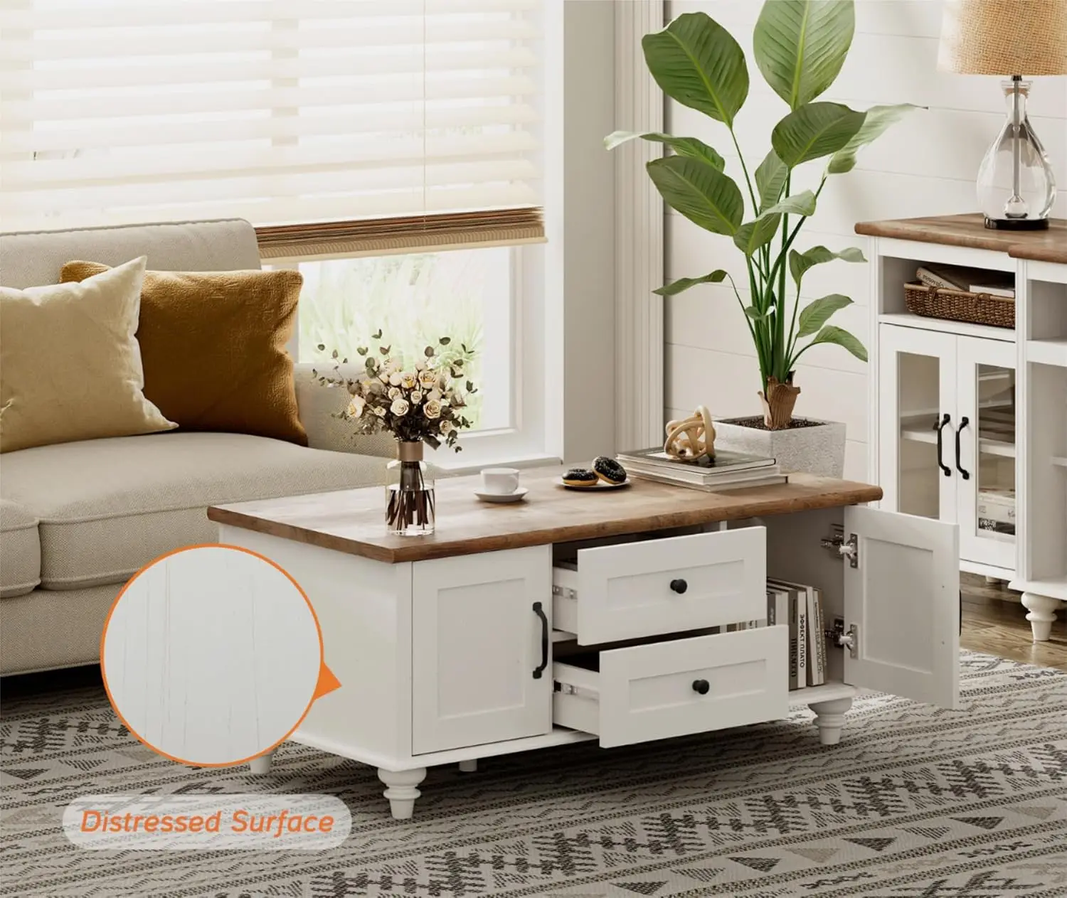 Modern Coffee Table with Storage Cabinet, White Coffee Tables for Living Room, Wood Rectangle Center Table with Drawer, White 5