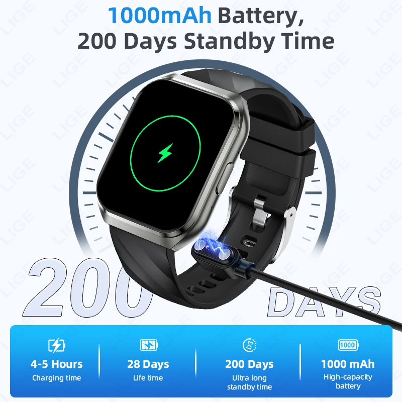 LIGE 1000mAh Large Capacity Battery Smart Watch Men Women 1.83" HD BT Call Heart Rate Sports Tracker Smartwatch For Android iOS