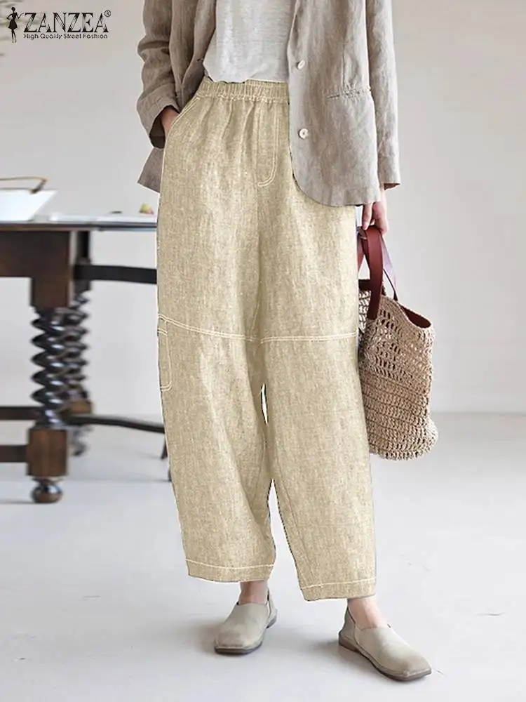 Women Denim Long Pants ZANZEA Elegant Elastic Waist Pantalones Casual Loose Harem Trousers 2023 Autumn Solid Pockets Bottoms