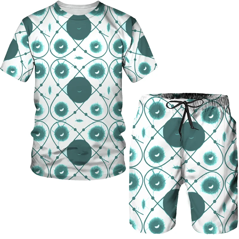 Summer men's jogging Sportswear Brand fashion two-piece dot geometry 3D printing short sleeved T-shirt+shorts casual suit