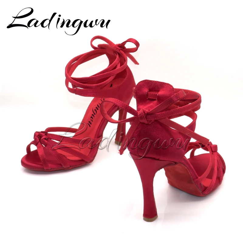 Ladingwu Burgundy Satin Latin Dance Shoes Puttee Four-band Knot Salsa Dance Shoes Ballroom Tango Dance Shoes 4