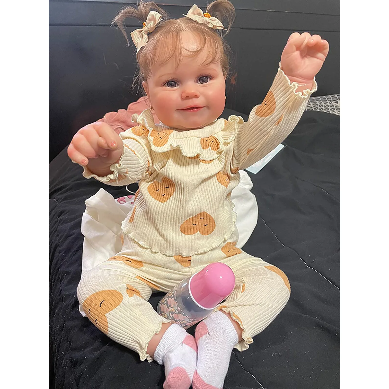 

24 Inch 3-6 Month Real Baby Size Hand Rooted Hair Sweet Smiling Realistic Newborn Baby Dolls Bed Time Playmates Lifelike Reborn