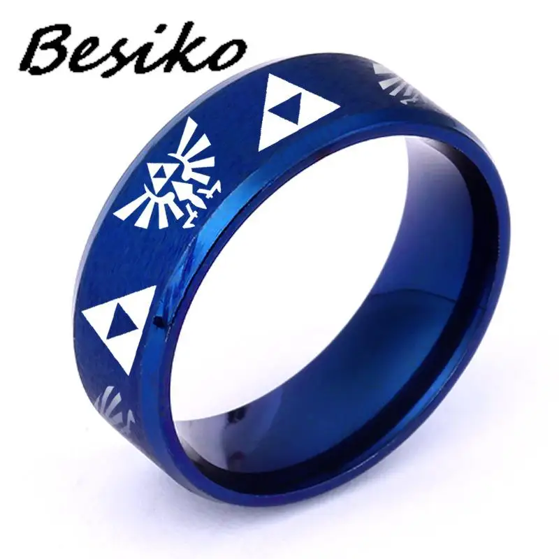 Besiko 8mm The Legend of Triforce Triangle Symbol Band Ring for Men Women 316L Stainless Steel Cosplay Finger Rings 3