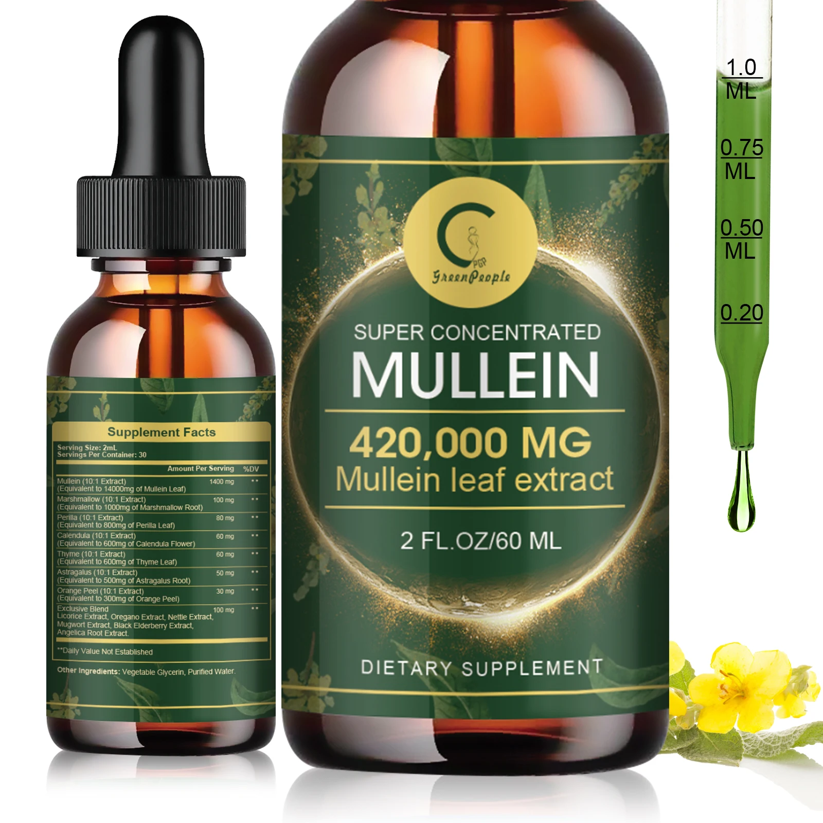Mullein Drops for Lungs - Mullein Leaf Extract for Lung Detox & Cleanse, Support for Respiratory, Immune, Digestive System