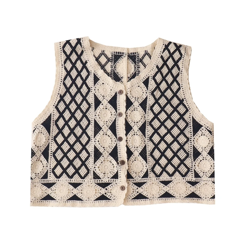 

Spring Autumn New Style Japanese Retro Ethnic Style Jacquard Knitted Vests Women's V-neck Crocheted Versatile Casual Vest Tops