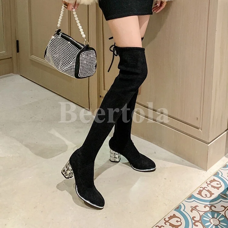 

New Crystal Heel Stretch Boots Women Lace Up Over Knee Boots Korean Style Back Strap Ladies Sexy Autumn Winter Block Heels Shoes