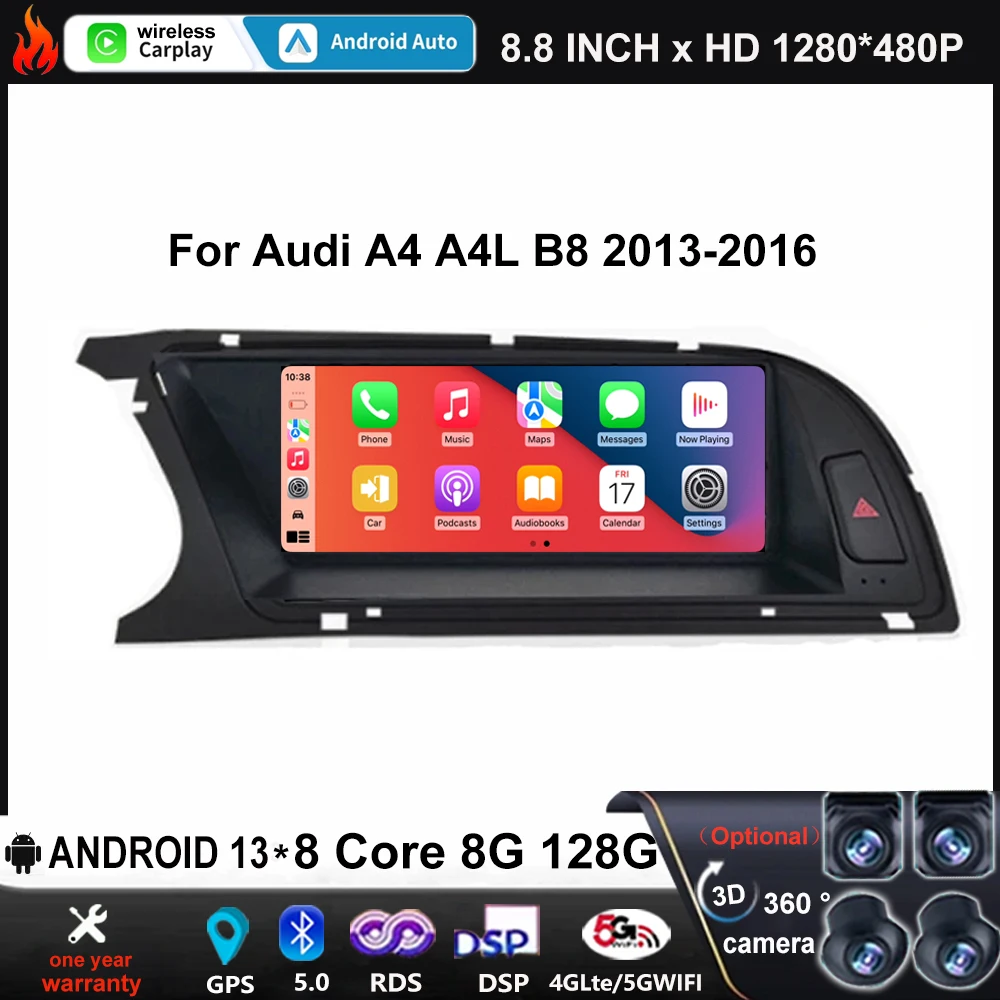 

Car Carplay 8.8 Inch Android 13 Touch Screen Monitors Multimedia DSP Audio Car Radio Stereo Player For Audi A4 A4L B8 2013-2016